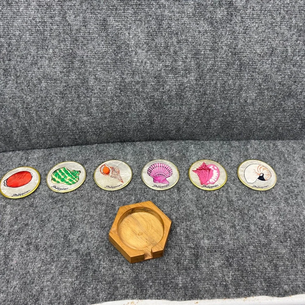 Vintage Capiz Shell Coasters Set of 6 Hand Painted Seashells Philippines